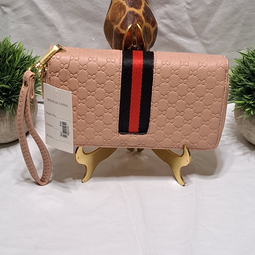 Chic Designer-Inspired Pink Wristlet Wallet with Red and Black Accent  NWT